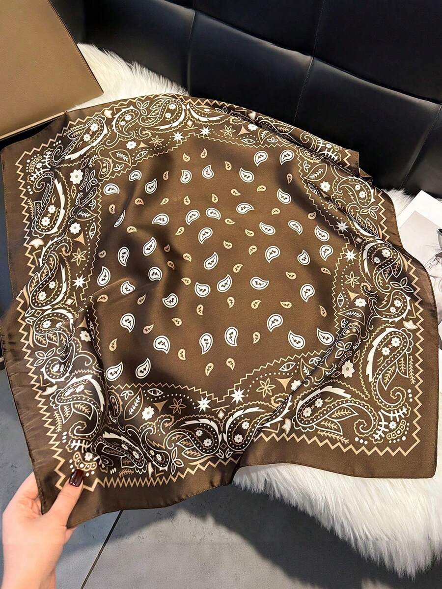 1 Piece Women's 70cm Square Scarf With Silk Paisley Floral Print, Versatile Scarf, Hair Accessory, Fashionable Dress Scarf - 卡其色 - 查看 1