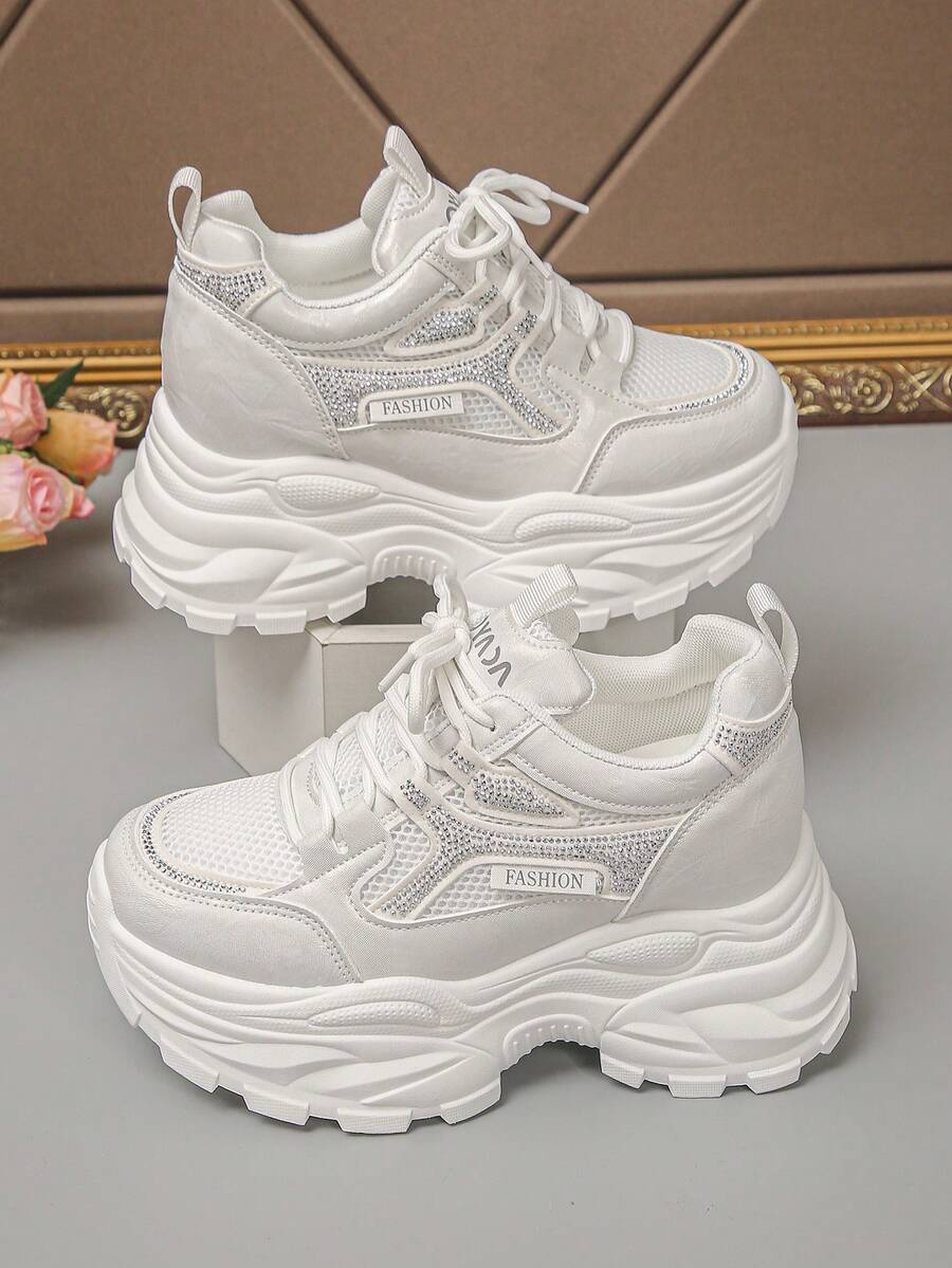 Women's Wedge Thick Sole Athletic Shoes Lace-Up Mesh Patchwork Chunky Sneakers Inner Height Increase Casual Shoes