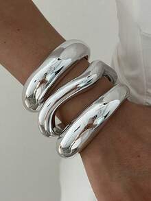 3pcs Vintage Exaggerated Gorgeous Women's Silver CCB (Plastic) Open Bangle Bracelet Set, Suitable For Daily, Party, Date, Wedding, Festival Wear, Gift - Silver - View 6