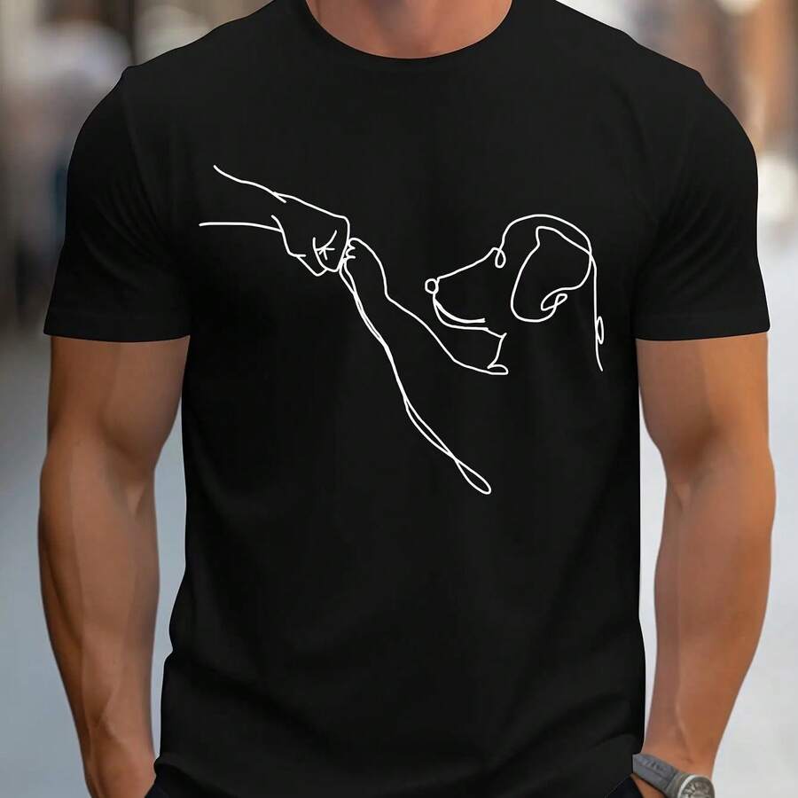 Camiseta deportiva informal de algodón% para hombre, camiseta holgada con estampado de perro divertido y manga corta con cuello redondo - Negro - Ver 1