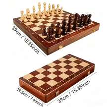 1 Set Large Solid Wood Chess & Checkers Combo Set, Foldable Game Board With Built-In Storage Box - Multicolor - View 6