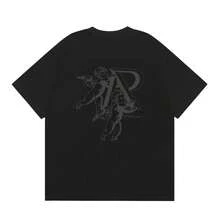 Camiseta de manga corta con estampado de letras, estilo urbano americano, holgada, informal, versátil para parejas, camisetas de lujo, camisetas de marca, camisetas de moda. - Negro - Ver 1