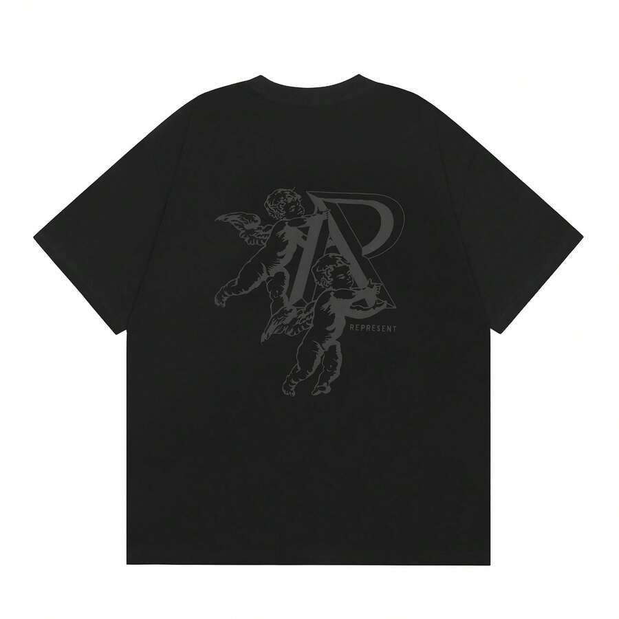 Camiseta de manga corta con estampado de letras, estilo urbano americano, holgada, informal, versátil para parejas, camisetas de lujo, camisetas de marca, camisetas de moda. - Negro - Ver 1