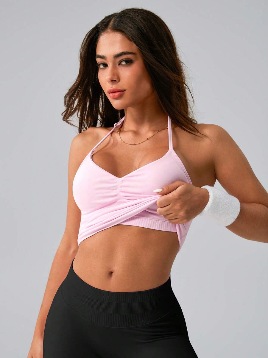 NcmRyu Top deportivo para mujer de 1 pieza, color liso, cuello halter, tirantes finos ajustables, escote en V, fruncido y espalda descubierta - Rosa - Ver 1