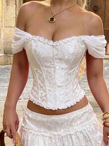 Yuwenier White Romantic Corset Top Jacquard Satin Bandeau Organza Ruffle Sleeves Lace Decor Strapless Top Halloween Stage Performance Costume - White - View 5
