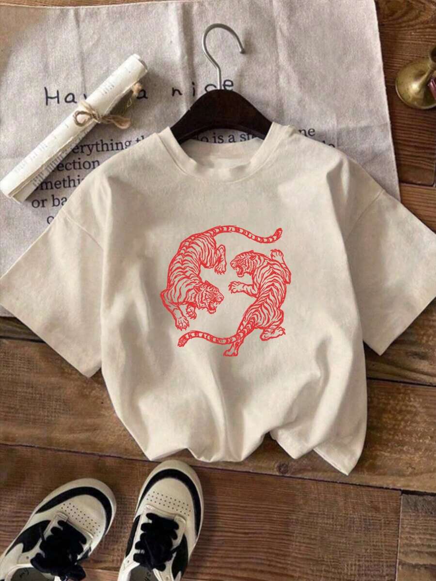Áo thun nữ size lớn mùa hè họa tiết hổ, phong cách casual đơn giản, dáng rộng thoải mái, cổ tròn, tay ngắn, thời trang - Màu be - Xem 1