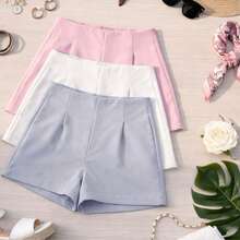 Set Of 3 Women's Tailored High-Waisted Dress Shorts, Elegant, Casual, Summer Fashion, Work, Office - 灰色/白色/嬰兒粉 - 查看 1