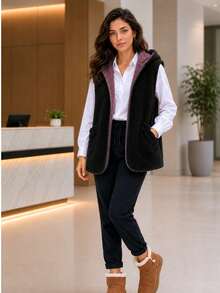 Women's Winter Fleece Vest With Reversible Hood. - 黑色 - 查看 2