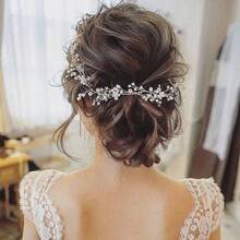 1pc Silver 50CM/19.68INCH Bridal Hair Accessory Handmade Woven Pearl Crystal Hairband Hairpin Suitable For Wedding Dress Bridesmaid Accessories Banquet Graduation Prom,Headpiece - White - View 3