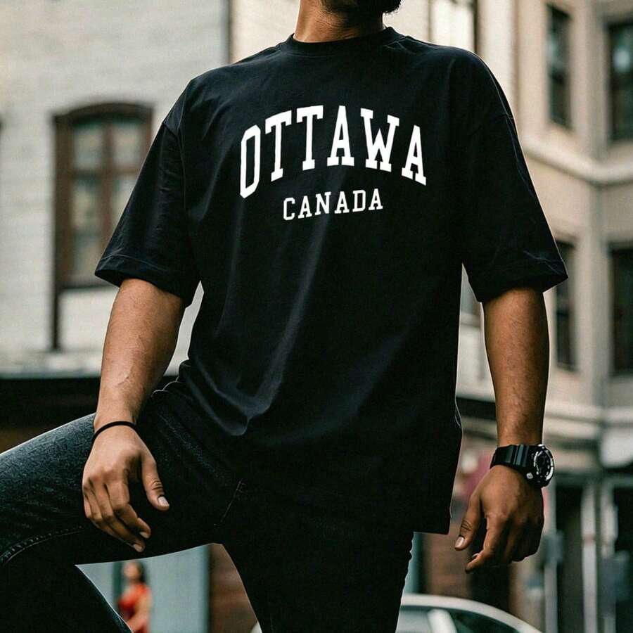 OTTAWA CANADA Bow Print With Large, Elegant White Lettering, Modern Urban Design, Ideal For City Walks And Casual Events, Men's T-Shirt - 黑色 - 查看 1