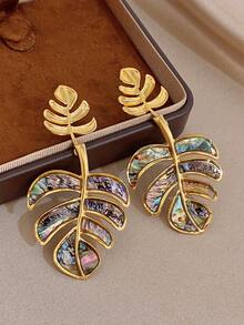 1Pair Summer Turtle Backed Leaves Abalone Shell Earrings For Women Stainless Steel Dangle Earrings For Travel Vacation Season Festival Jewelry Gifts - Multicolor - View 4