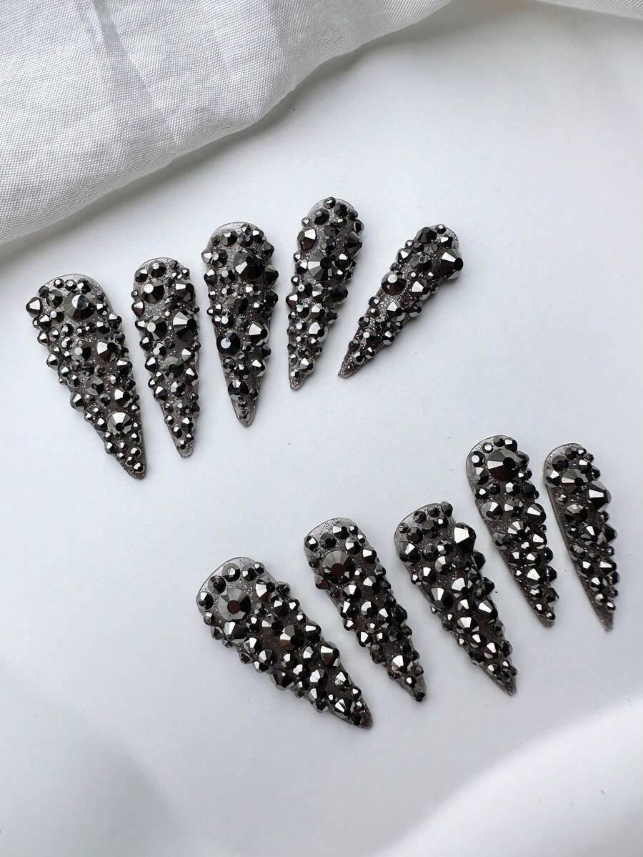 Y2K 奢華礦物黑全水鑽 33MM 長尖形透明美甲片,手工製作,亮面全覆蓋 3D 設計,DIY 亮片人造指甲,優雅華麗,適合派對、戶外、海灘、日常、假期、聚會、工作及特殊場合,10片/包 手工穿戴式美甲片 - 彩色 - 查看 1