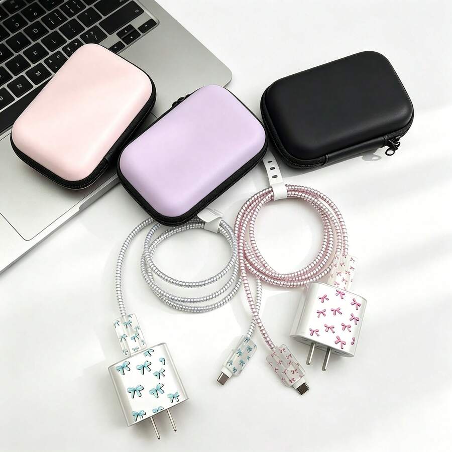 6入蝴蝶結印花數據保護硬殼收納袋，適用於Apple 18/20W充電器保護套、數據線保護套，EVA配件收納袋 - 彩色 - 查看 1