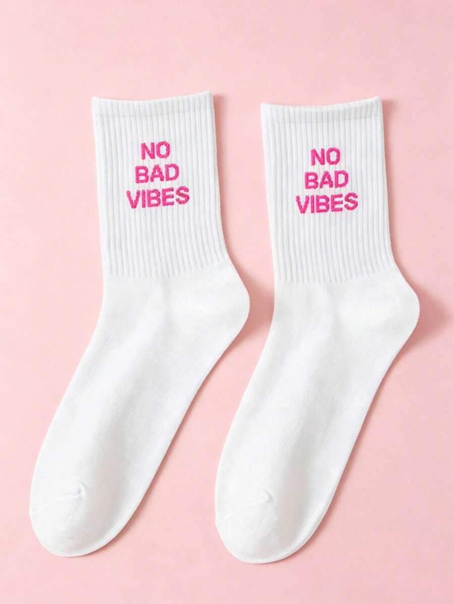 1 Pair Women's NO BADVIBES Letter Print Crew Socks, Casual Ribbed Knit Mid-Calf Socks, Fashionable Daily Sports Comfortable Socks - Multicolor - View 1