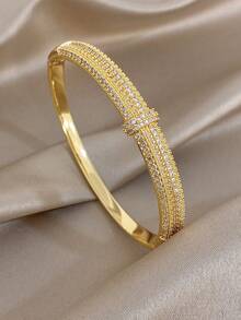 18K Golden Plated Minimalist Asymmetrical Bangle Bracelet Sets For Women Luxury Zirconia Bangle For Valentine'S Day Party Festival Jewelry Gifts - Multicolor - View 9