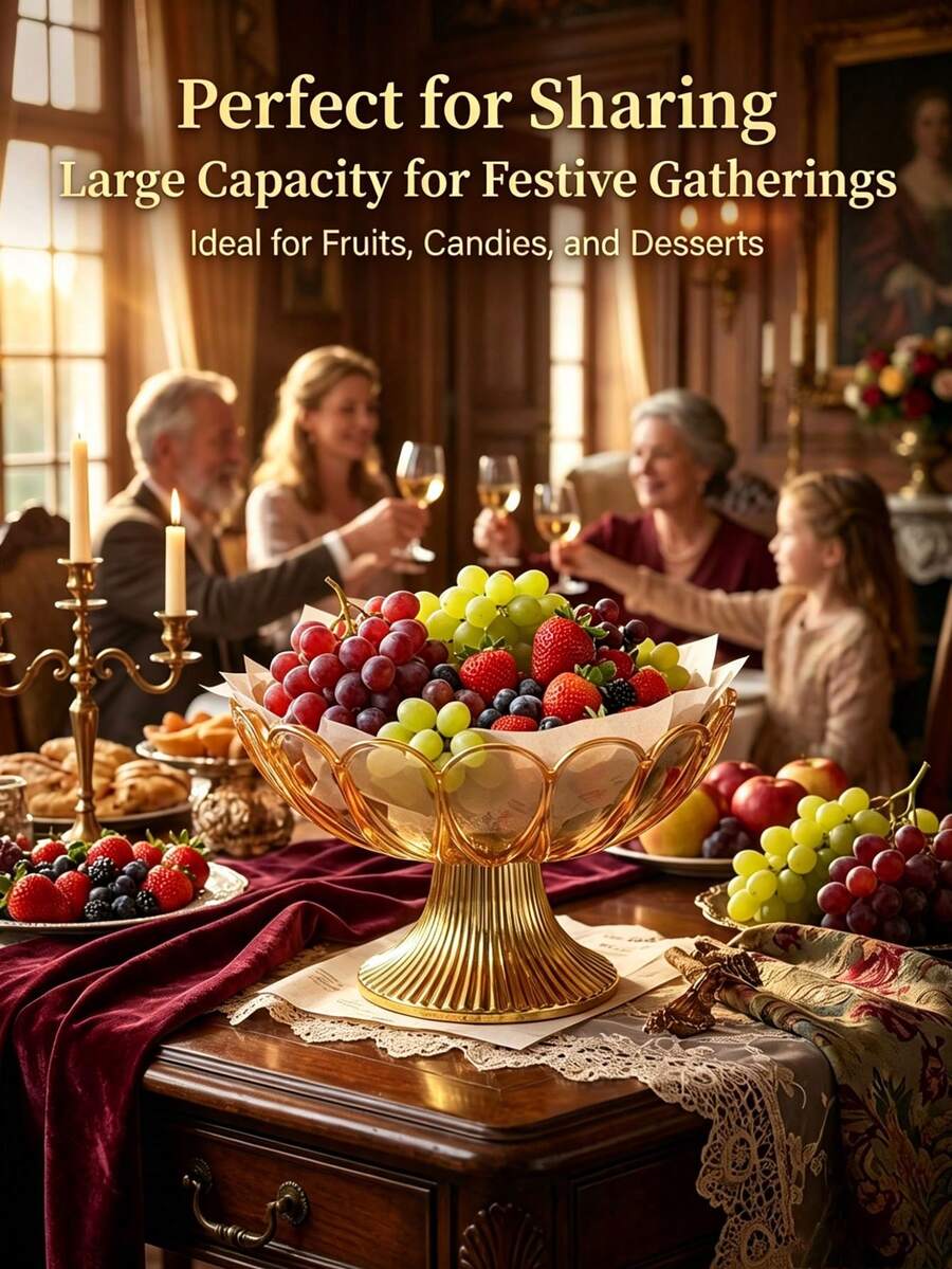 1 pieza Bandeja de frutas dorada, bandeja de servir, soporte/bandeja para pasteles, tazas de café saudíes, aperitivos para bodas/fiestas, plato de almacenamiento de postres/frutas secas, bandeja de exhibición de aperitivos/caramelos, bandeja de almacenamiento de exhibición, cuenco de frutas con base, plato de caramelos decorativo vintage, vajilla para fiestas, bandeja brillante de pie alto para fiestas y eventos de celebración, escenas de cocina y sala de estar, reutilizable, decoración destacada para la mesa del comedor y la barra de café - Multicolor - Ver 1