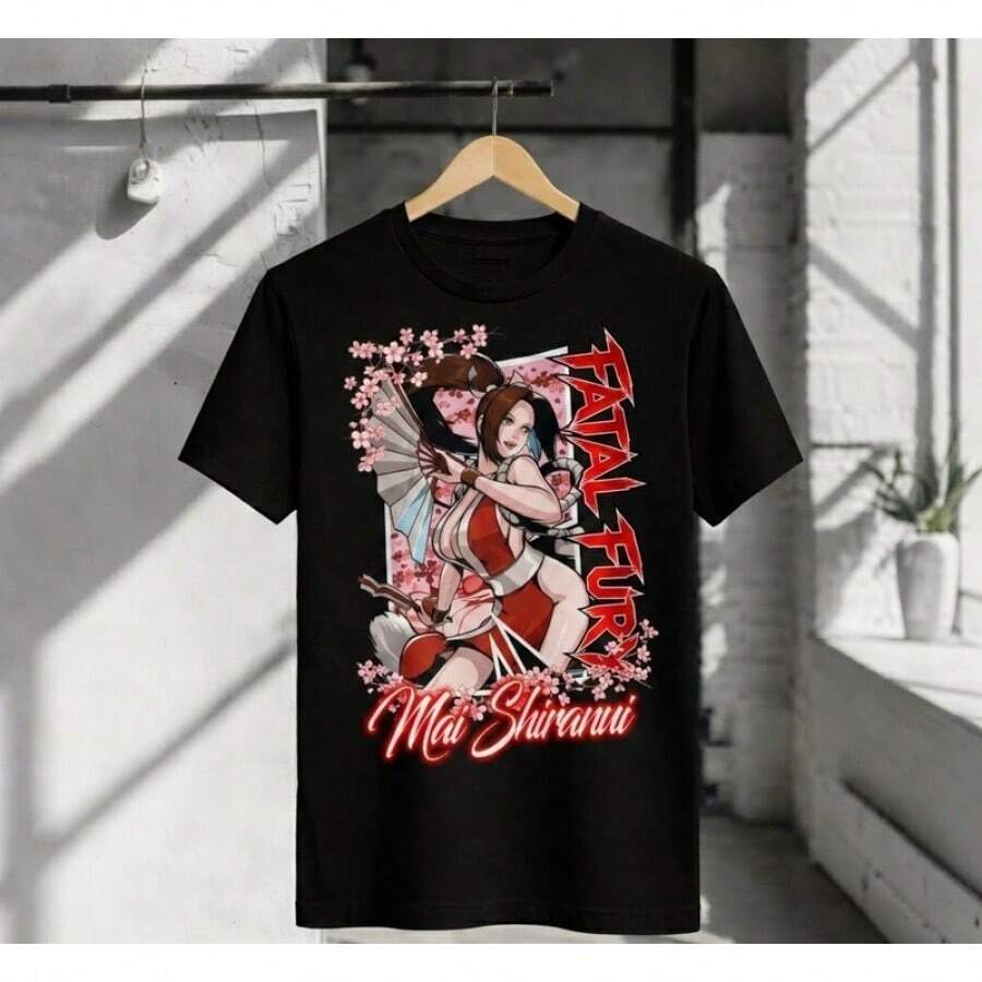 Dancing Bud(Mai Shiranui)Deadly Rage Anime Pattern T Shirt,Female Character In Fighting Game T Shirt,Suitable For Daily Wear Or As A Gift,The Fabric Is Soft And Breathable,Various Sizes Available,Vintage Loose Fit T Shirt - Rauw Alejandro Style/Street Style/Daily Leisure. - Black - View 1