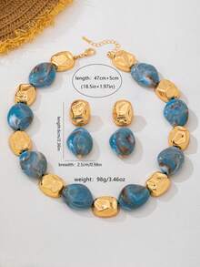 1 Set Bohemian Blue Tie Dye Resin & Metal Mixed Jewelry Set, Short Necklace + Earrings, Niche Premium Vacation Style Versatile Accessories - Dusty Blue - View 3