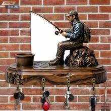 1pc 2D Wood Carved Key Holder, Single Pack. Fishing Lady Key Holder - Wooden Multifunctional Decorative Key Rack With 4 Metal Hooks, Suitable For Wall Decor, Room Decor, Seasonal Home Decor (11.8 X 9 Inches), Perfect For Halloween And Christmas Decorations. - Multicolor - View 3