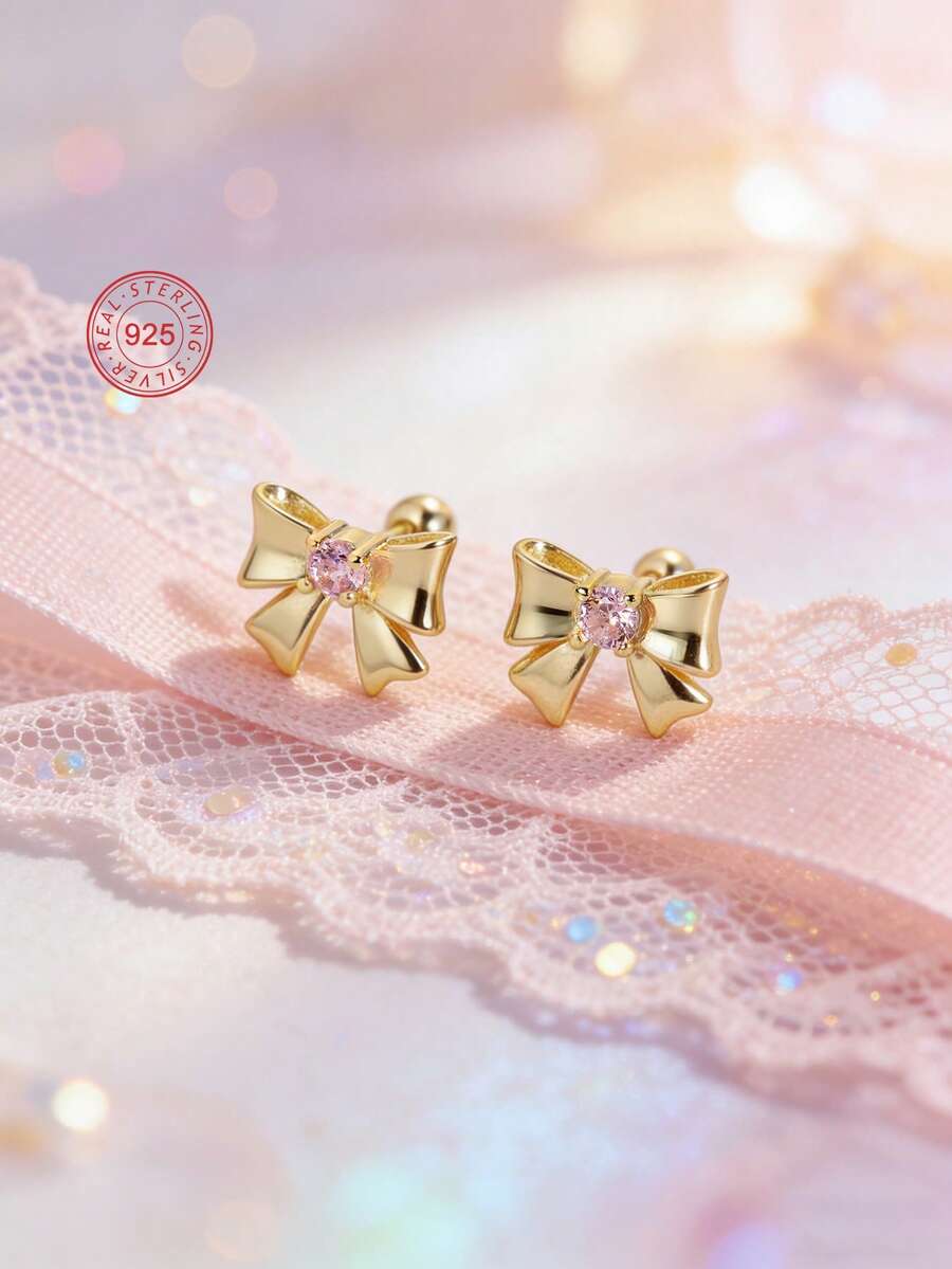 1 Pair 925 Sterling Silver Hypoallergenic Bow Stud Earrings, Cute And Playful, Inlaid With Pink Zirconia, Spiral Ear Backs To Prevent Falling, Exquisite And Adorable, Gift Boxed, Suitable For Daily Or Holiday Wear, Gift For Girls, Gift For Girl, Gift For Friends, Back To School Gift, Holiday Gift - one-size - View 1