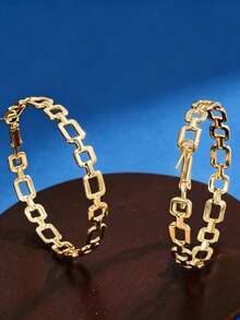 1 Pair Gold Tone Rectangle Chain Link Drop Hoop Earrings, Minimalist Hollow Square Link Dangle Earrings For Women Daily Office. No Box. - Gold - View 4