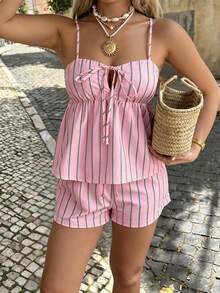 Conjunto de 2 piezas casual boho a rayas Just Masa para mujer, camiseta sin mangas con espalda descubierta y cordón ajustable & shorts de cintura elástica, para salir, vacaciones, elegante - Rosa - Ver 8