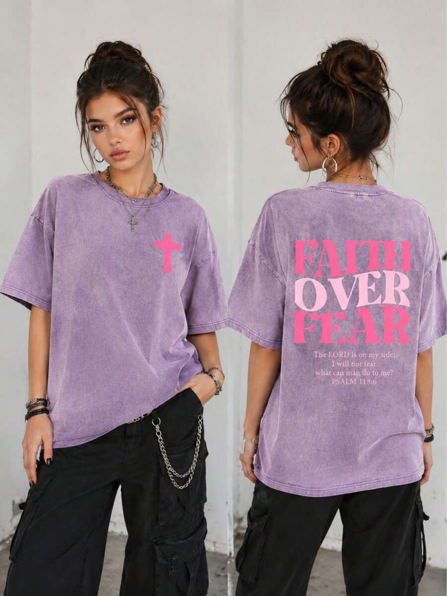 Psalm 118:6 Faith Over Fear Shirt Pink Cross Graphic Vintage Washed Christian Streetwear Church Outfit, Womens Washed T-Shirt,Vacation Outfits Women - 紫色 - 查看 1