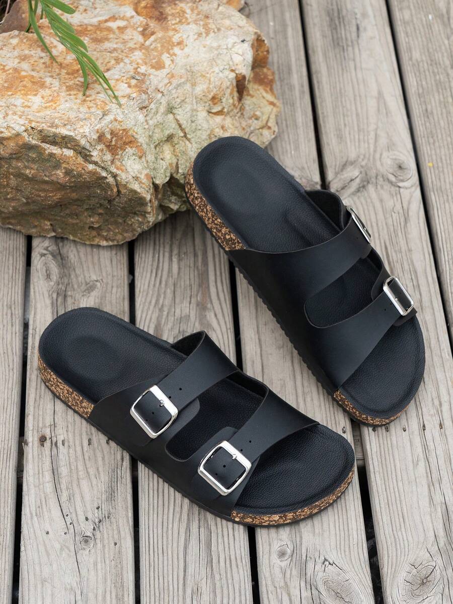 Men's Fashion Sandals With Cork Sole And Comfortable Insole, Buckle Strap Adjustable Size Slouchy Slip-On Style, Suitable For Summer Beach Outdoor Walking, Unisex