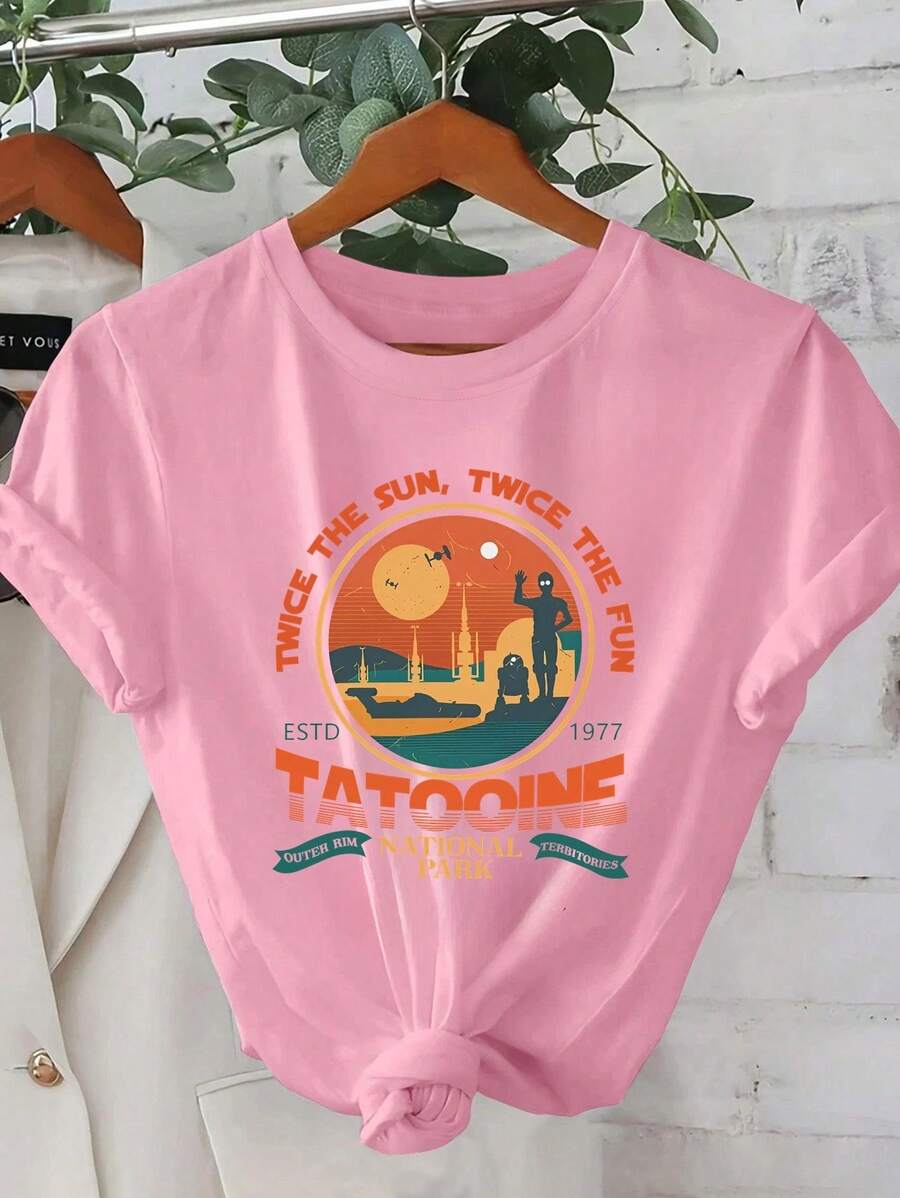 Unisex T-Shirt With Round Neck And Natural Park Print, 180g Cotton, Korean Style, Casual Summer Clothing For Everyday Wear - 粉色 - 查看 1