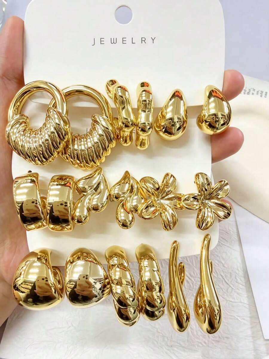 1-9 Pairs Summer Best-Selling Gold Fashion Jewelry, Exaggerated Women's Earring Set, Including Exaggerated Hoop Earrings, Dangle Earrings, Smooth C-Shaped Earrings, Asymmetrical Earrings Made Of Resin Material, Suitable For Women's Daily Commute Wear. - Gold - View 1