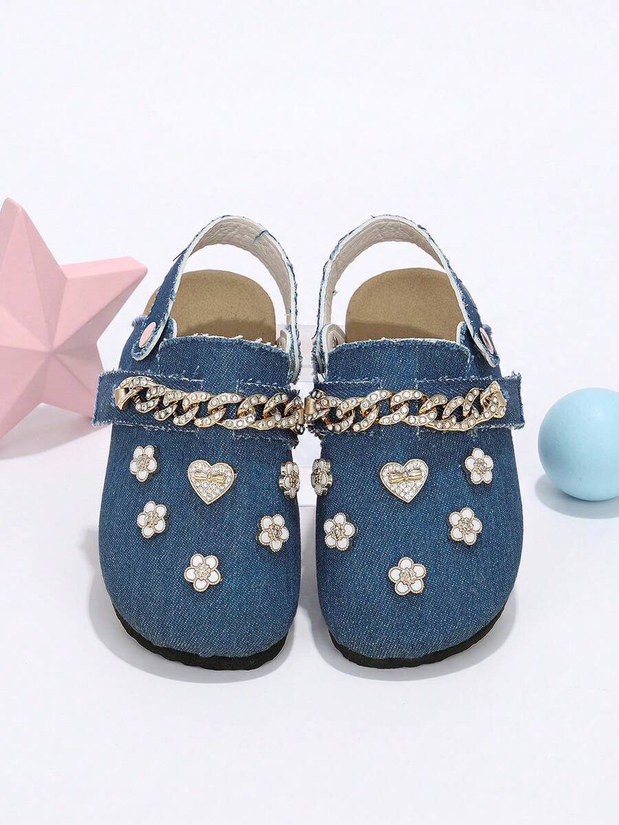 Girls' Formal Closed-Toe Mule Shoes, Classic Blue, 2-Way Wear, With Gold Rhinestone Chain Strap, 3D Heart And Flower Decor, Suitable For All Seasons - Blue - View 1