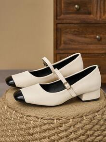 MonaNise Square Toe Low Block Heel Work Pumps - Black and White - View 4