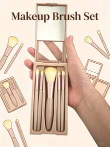 Portable 5-In-1 Makeup Brush Set With Mirror - Multicolor - View 11