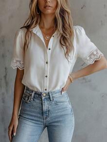 Women's White Button-Front Shirt With Contrast Lace Short Puff Sleeves, Shirt Collar, Regular Length Polyester Blouse Summer - White - View 6