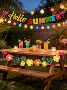 2pcs/1set Hello Summer Banner, Hawaiian Party Decoration, Pineapple Flamingo Garland, Summer Beach Pool Birthday Party Backdrop Decoration, Suitable For Summer Holiday Gatherings And Hawaiian Theme Indoor/Outdoor Party Hanging Decoration, Party Photo Backdrop Props - View 2