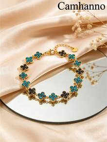 Camhanno 1pc European And American Luxury Style Stainless Steel 18K Gold Plated Four-Leaf Clover Rhinestone Bracelet, Multiple Color Rhinestones Available, Non-Fading, Delicate Fine Chain, Versatile For Commuting, Women's Jewelry Gift For Best Friend, Daily Accessory - Golden 8 - View 4