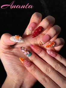 10pcs Almond Shaped Acrylic Press-On Nails, Handmade 3D Floral Design, Water Drop Shape, French Tie Dye Gradient Blended Nails, Summer Vibe Hot Girl Style, Wearable Nails For Party, Wedding, Daily Wear, With Tool Kit, Suitable For Girls And Women - Multicolor - View 3