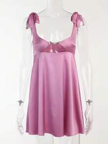 French Satin Tray Dress With Lace-Up Straps And Adjustable Drawstring - Pink - View 2