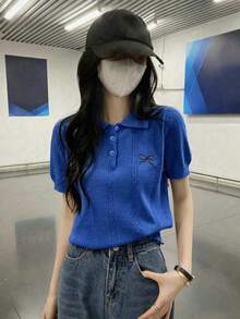 夏季韓系風格 Polo 領學院風粗針編織蝴蝶結刺繡短袖上衣 - 藏蓝色 - 查看 2