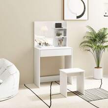 Vanity Table And Stool Set, Makeup Desk With Mirror, 3 Shelves And Storage Drawers, White, 75 X 40 X 137 Cm - 白色 - 查看 1