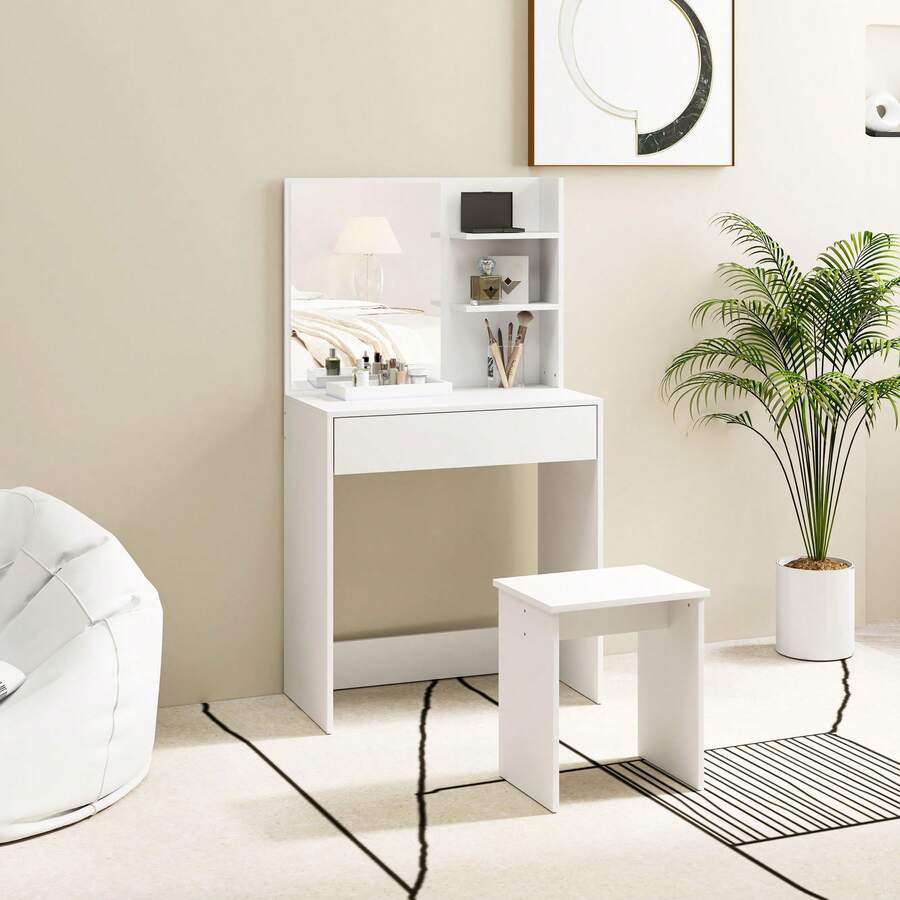 Vanity Table And Stool Set, Makeup Desk With Mirror, 3 Shelves And Storage Drawers, White, 75 X 40 X 137 Cm - 白色 - 查看 1