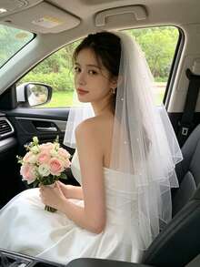 1件簡約雙層新娘面紗，適用於婚禮登記，法式復古白色珍珠婚禮拍照道具，求婚頭飾附髮梳 - 白色 - 查看 5