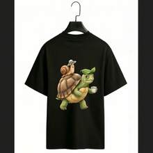 Pure Cotton T-Shirts, Men's T-Shirts, Women's T-Shirts, Printed T-Shirts, Short-Sleeved T-Shirts, Modern And Casual, Turtle Design. - 黑色 - 查看 1