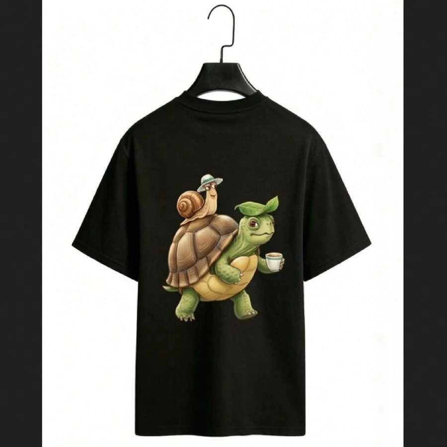 Pure Cotton T-Shirts, Men's T-Shirts, Women's T-Shirts, Printed T-Shirts, Short-Sleeved T-Shirts, Modern And Casual, Turtle Design. - 黑色 - 查看 1