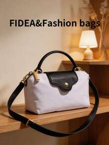 Tas Bucket PU Minimalis Warna Solid Terbaru, Gaya Elegan dan Mewah yang Populer, Tas Selempang Bahu Genggam, Serbaguna untuk Kerja, Belanja, dan Kencan - Hitam dan Putih - View 6