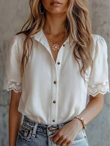 Women's White Button-Front Shirt With Contrast Lace Short Puff Sleeves, Shirt Collar, Regular Length Polyester Blouse Summer - White - View 2