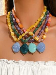 1pc Or 4pcs Exaggerated Bohemian Fashion Elegant Dopamine Colorful Asymmetrical Plastic Pendant Necklace, Fashion Elegant Layered Jewelry Set For Vacation, Beach, Party, Dinner, Daily Wear And More, Plastic Size, Position, Color And Pattern Are Multi-Color Handmade, Each Piece Is Different But Doesn't Affect Your Purchase - Multicolor - View 10