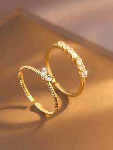 2pcs/Set Cincin Berlian Imitasi Hati Minimalis Elegan Mewah Bergaya Emas, Cocok untuk Remaja Putri Pakai Sehari-hari dan Liburan - Emas - View 3