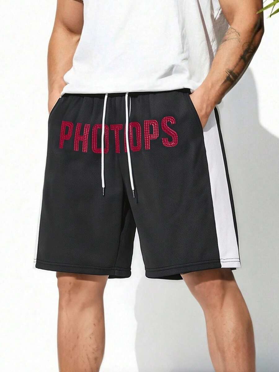 Men's Summer Quick-Dry Sports Shorts, Thin Casual Fashionable Basketball Running Embroidered Knee-Length Shorts - Black - View 1
