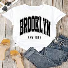 Brooklyn New York Graphic T-Shirt, 100% Cotton Oversized Soft Breathable Casual Crewneck Short Sleeve Top, Retro Streetwear Style Tee For Women & City Lovers - 白色 - 查看 18